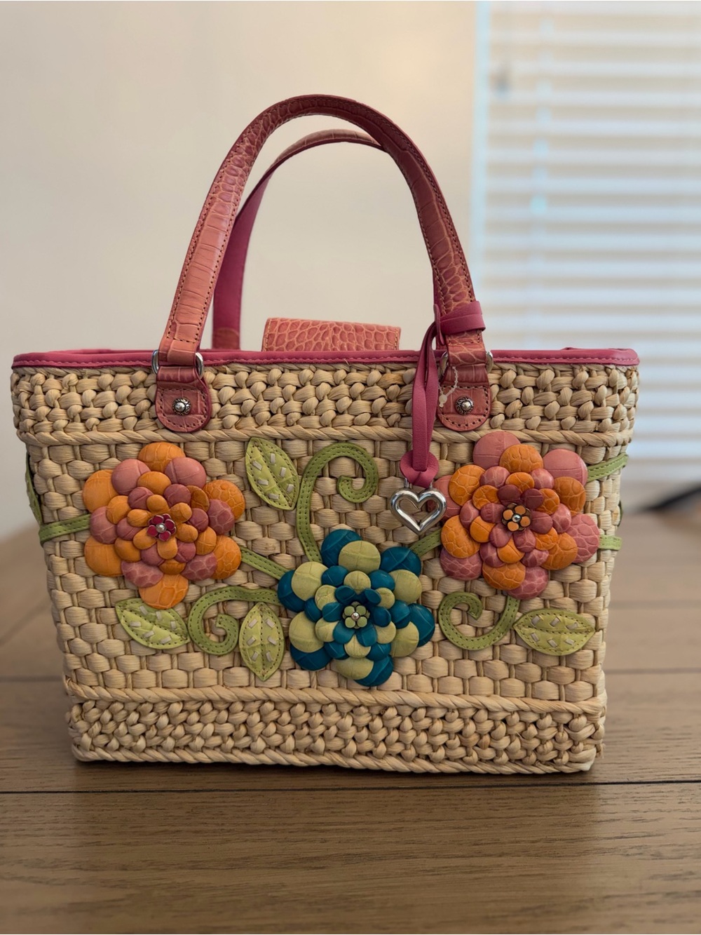 Brighton Woven Straw Tote with Pink Trim and Multicolor Floral Appliqués